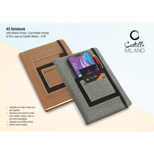 A5 Notebook With Mobile Pocket, Card Holder Pocket & Pen Loop By Castillo Milano - B92