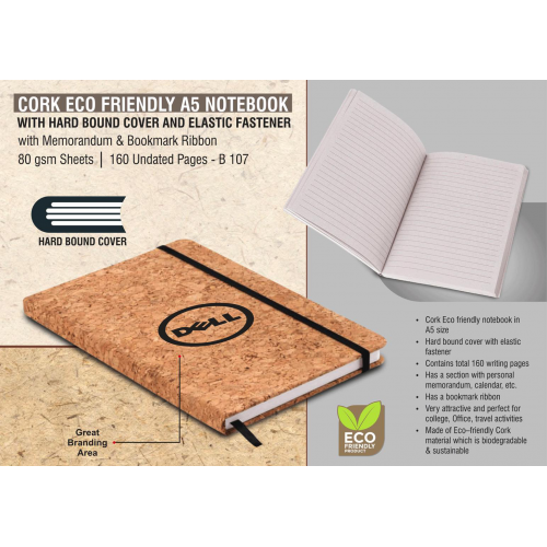 Cork Eco Friendly A5 Notebook With Hard Bound Cover And Elastic Fastener - B107
