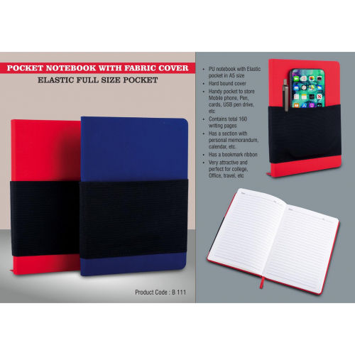 Pocket Notebook With Fabric Cover Elastic Full Size Pocket - B111