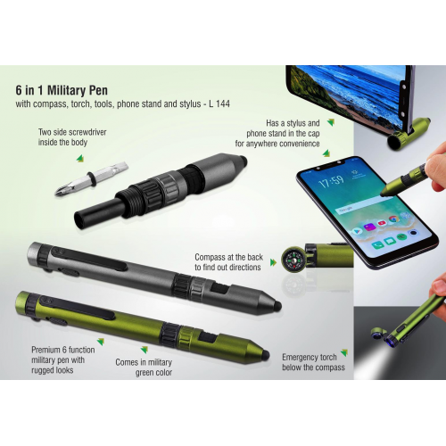 6 in 1 Military pen with compass, torch, tools, phone stand and stylus - L144