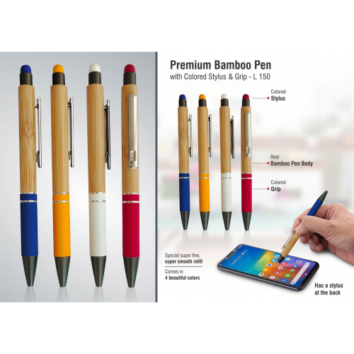 Bamboo pen with colored stylus and grip - L150
