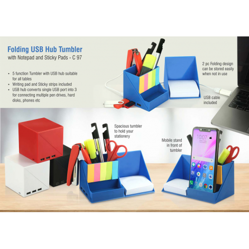 Folding USB hub tumbler with notepad and sticky pads | 3 USB ports