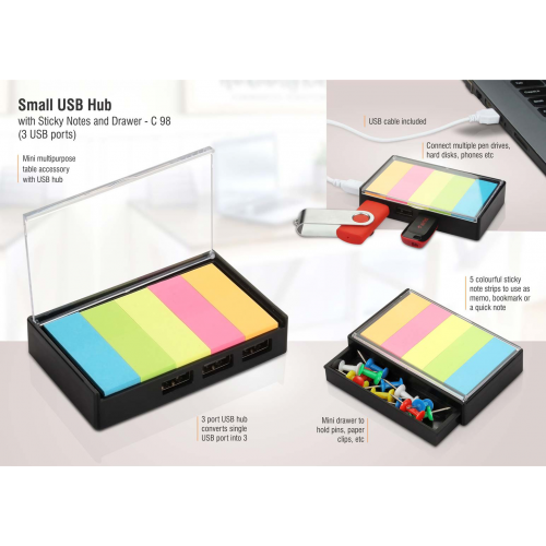 Small USB hub with sticky notes and drawer 3 USB ports