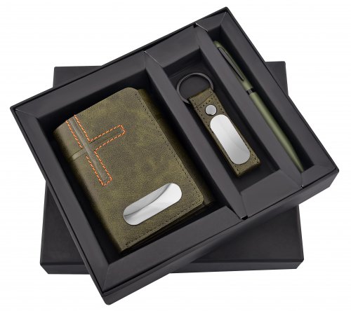 Olive Green Wallet , Pen and Keychain set