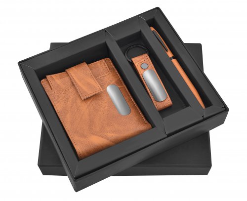Tan Brown wallet, pen & Keychain set