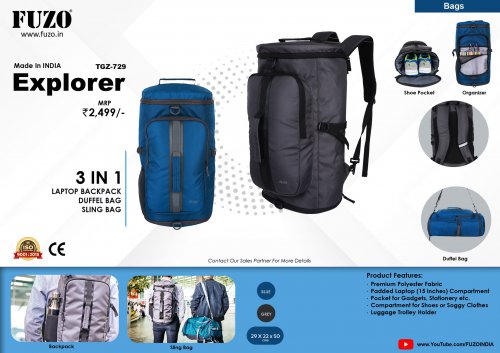 Fuzo Explorer - 3in 1Laptop backpack, Dullel bag and sling bag
