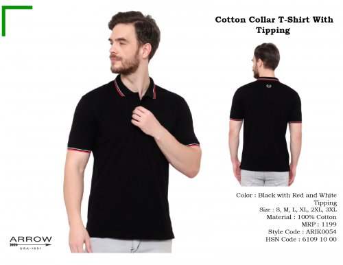 Arrow Cotton Collar T-Shirt Black with Red and White Tipping ARIK0054