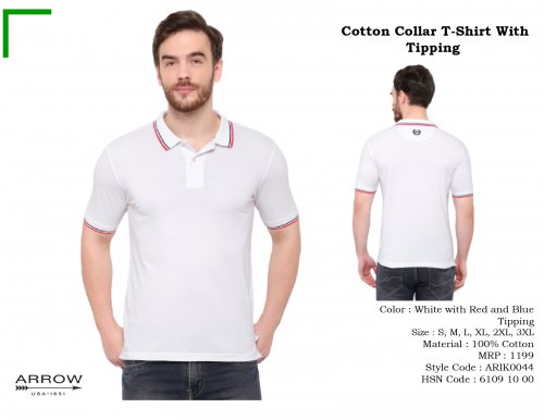 Arrow Cotton Collar T-Shirt White with Red and Blue Tipping ARIK0044