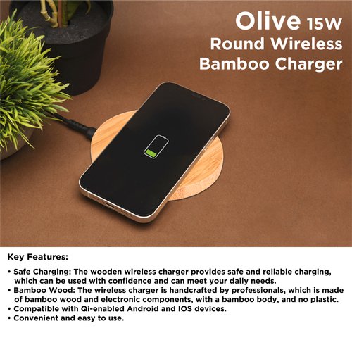 Olive 15W Round Wireless Bamboo Charger WAW9004