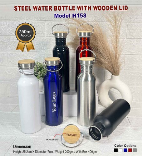 Steel Water Bottle With Wooden LID H-158 750 ml