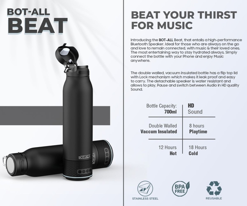 Boat-All Beat Premium Stainless SteelHot n Cold Bottle with Speaker - 700ml