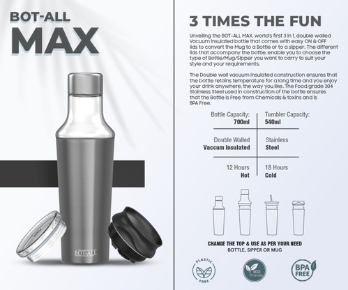 Boat-All Max 3 in 1 Premium Stainless SteelHot n Cold Bottle - 700ml