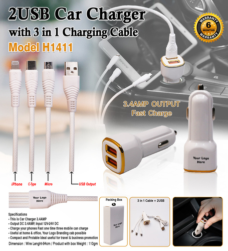 2USB Car Charger With 3 in 1 Charging Cab H-1411